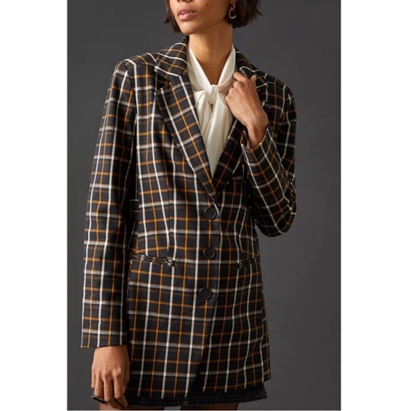 Maeve Anthropologie Womens Oversized Plaid Equestrian Black Fall Blazer Size 2 - Picture 1 of 15